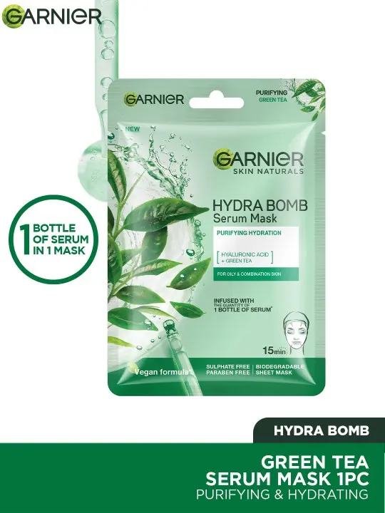 a90f81e4-9173-46d5-be43-529cb4a941cd1688382138201GarnierWomenHydraBombGreenTeaSerumMaskwithGlycerin-28g2.webp