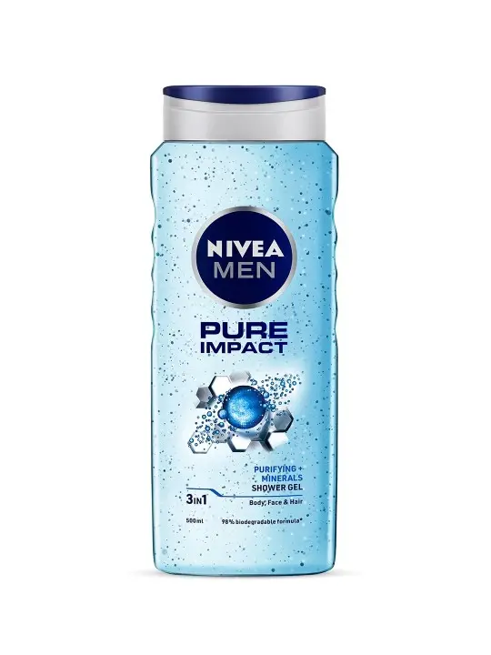 NIVEA Men Body Wash, Pure Impact with Purifying Micro Particles, Shower Gel for Body, Face & Hair (500ml)