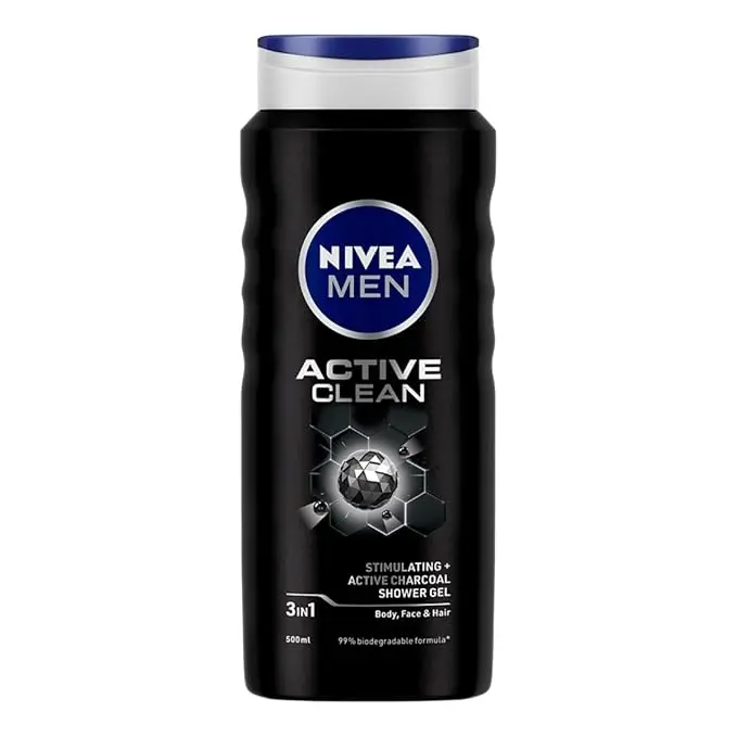 NIVEA Men Body Wash- Active Clean with Active Charcoal- Shower Gel for Body- Face & Hair 3-in-1 (500ml)