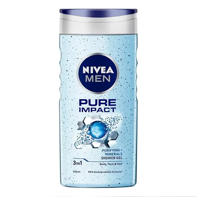 NIVEA Men Body Wash, Pure Impact with Purifying Micro Particles, Shower Gel for Body, Face & Hair (250ml)