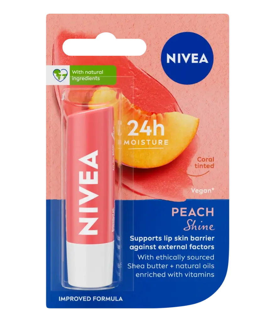 NIVEA Lip Balm, Peach Shine, 24h Moisture with Natural Oils, Coral Pink Shine & Peach Aroma (4.8gm)