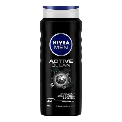 NIVEA Men Body Wash- Active Clean with Active Charcoal- Shower Gel for Body- Face & Hair 3-in-1 (500ml)
