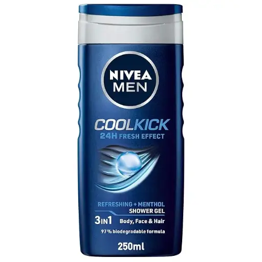 NIVEA Men Body Wash, Cool Kick with Refreshing Icy Menthol, Shower Gel for Body, Face & Hair (250ml)